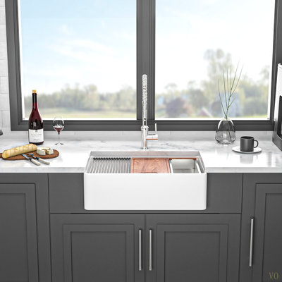 Farmhouse Sink Workstation - 33 Inch  Ceramic Double Bowl Farm Kitchen Sink