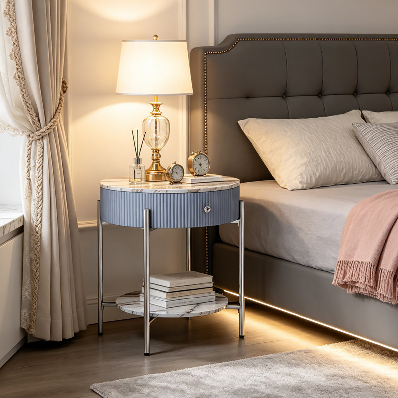 Woodville Side Table with Storage, Chrome, Calacatta Gold