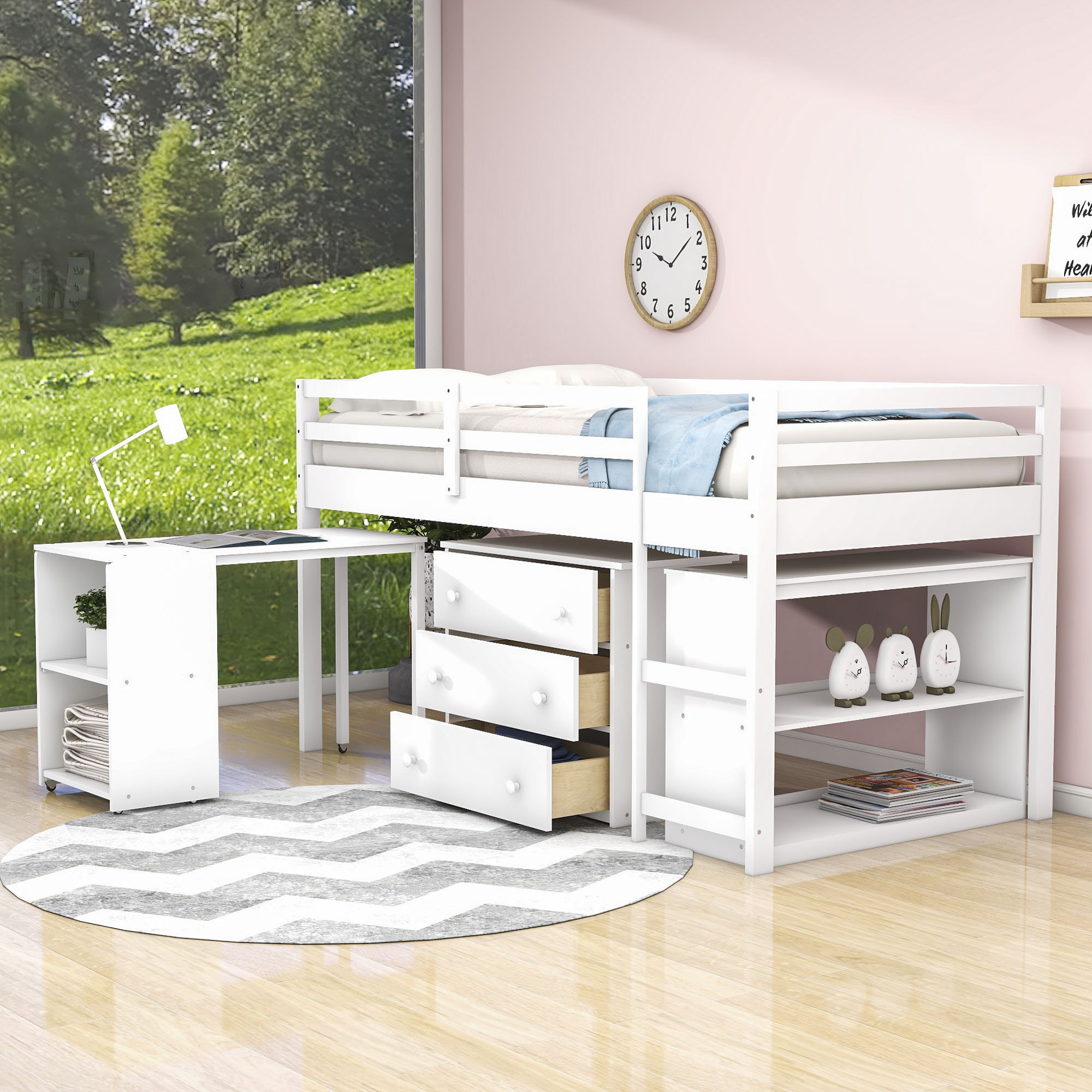 Harriet Bee Iago Kids Low Twin 3 Drawers Wood Loft Bed with Rolling ...