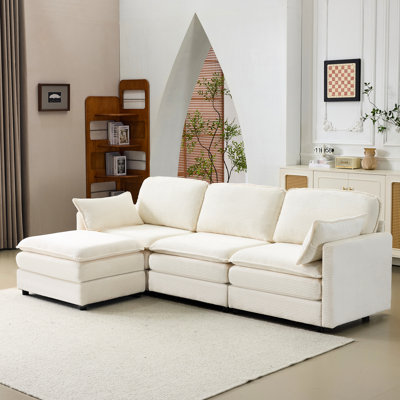 104" Modular 3 Seater Cloud With 2 Throw Pillows - Beige Corduroy, Wood Frame, Living Room Corduroy Upholstery, Decor