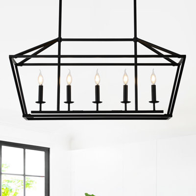 Metal Matte Black 5- Living Room Hanging Linear Pendant , For Dining Room, Bedroom, Hallway, Kitchen Island Industrial ,