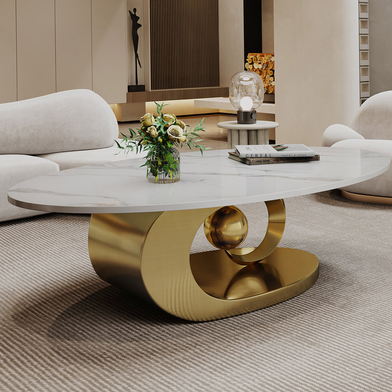 Table basse en marbre avec base sculpturale en acier inoxydable, Doré