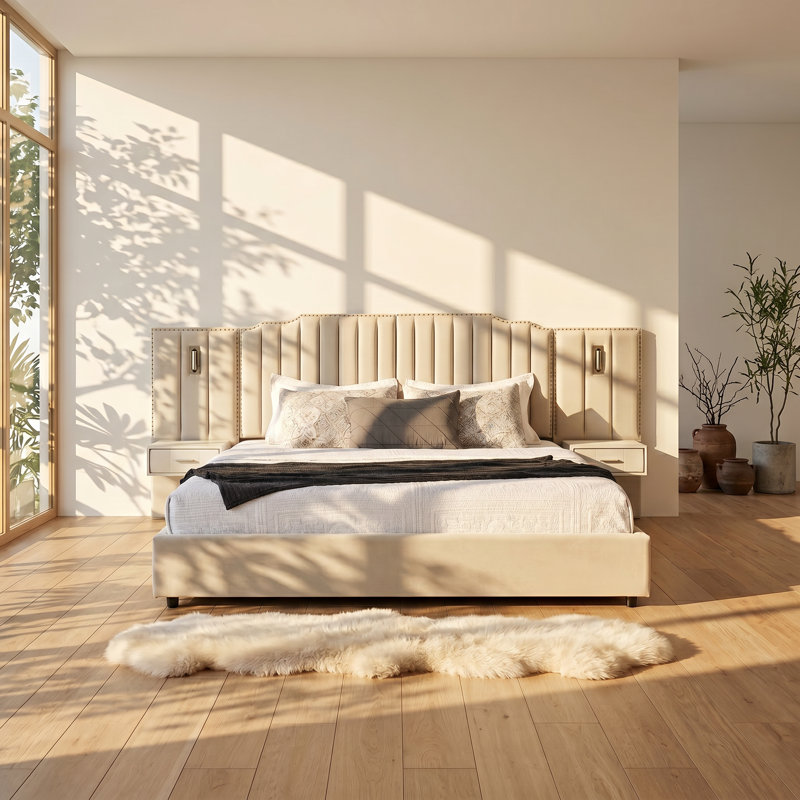 Lit plateforme tapissier en velours avec table de chevet intégrée Aurelius l 81 po x P 81 po x H 12 po