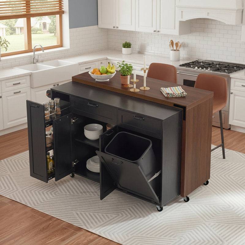 Expandable Kitchen Cart with Pull-Out Spice Rack, Trash Bin Compartment, Ample Storage and Lockable Wheels, Black
