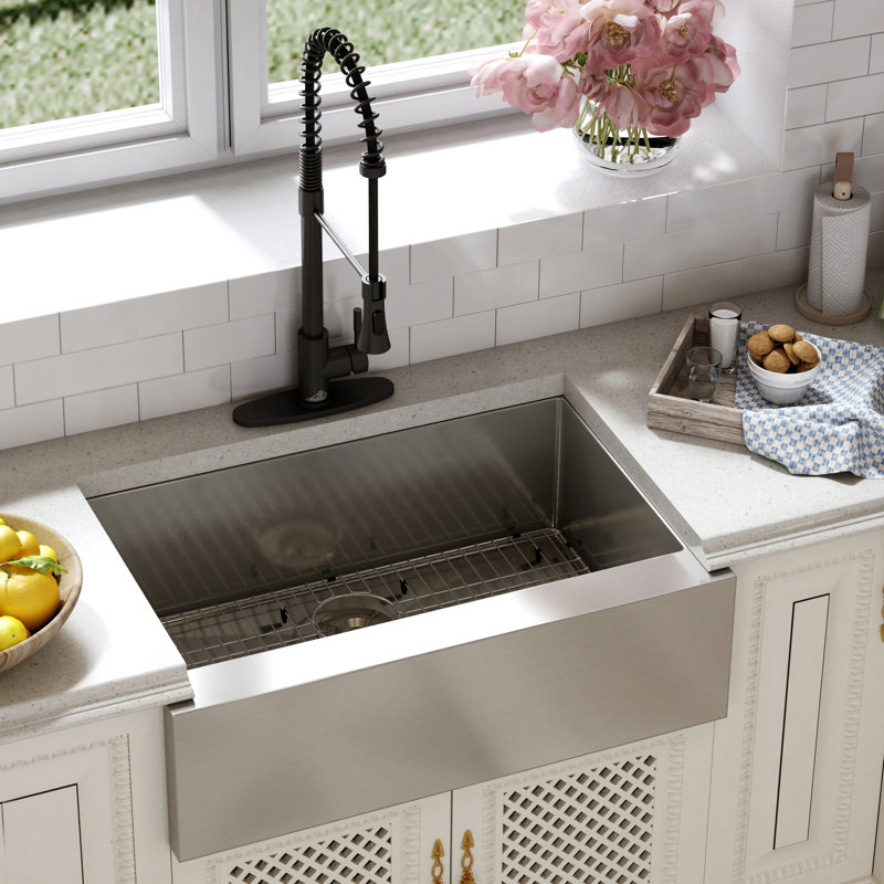 33" L x 22" W Farmhouse Kitchen Sink with Faucet Included, Stainless Steel Grid, Black