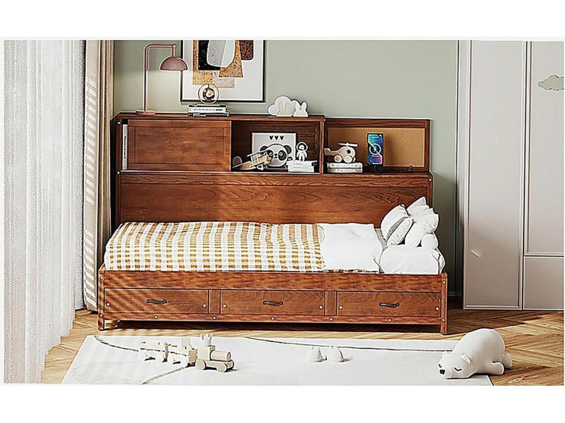 Canapé-lit en bois gris avec 3 tiroirs de rangement, tablette souple supérieure, tablettes et ensemble de prises et de ports USB