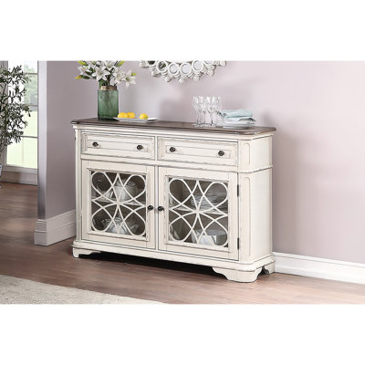 Desserte de style contemporain, finition blanc antique, 2 tiroirs, rangement, portes en verre, poignée ronde, armoires de rangement décoratives pour salle à manger, conception unique, solution