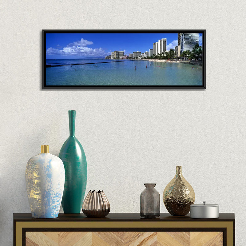 " Waikiki Beach Honolulu Oahu HI " by Panoramic Images, 12" H x 36" W x 1.5" D, Black Framed Canvas
