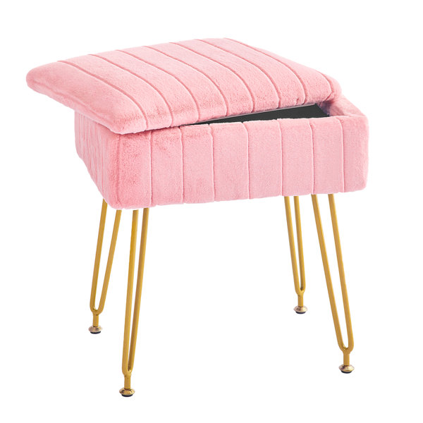 Pink Chair Vanity Stool Chair With Storage, Ottoman Faux Fur Soft