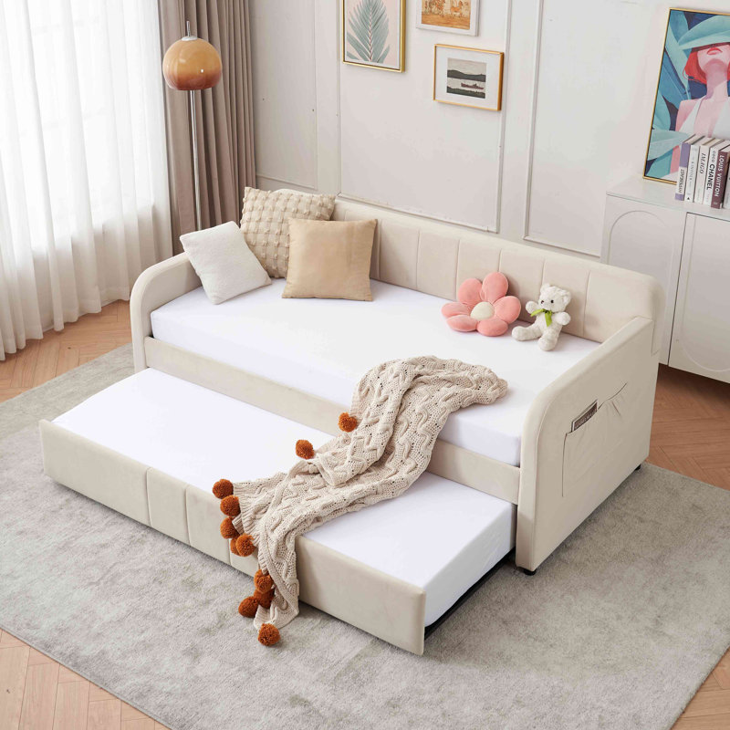 Lit de jour rembourré en velours avec couchette et poche latérale, Beige