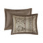 Couvre-lit très grand réversible - 5 pièces brun / doré, feuille, rayures et motifs, 2 taies décoratives, coussins décoratifs, lavable à la machine
