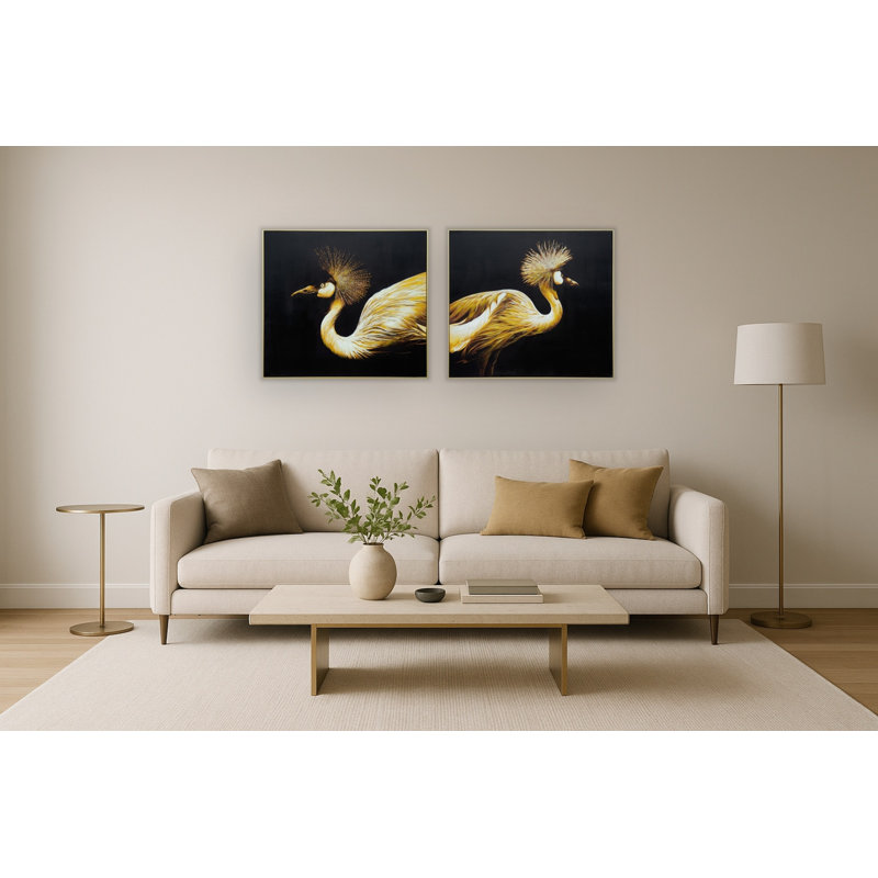 Art mural en toile paire de grues Golden Majesty - 35 po x 78 po - cadre doré