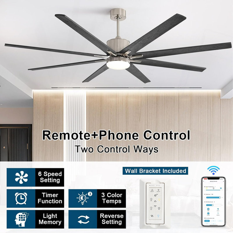 Ventilateur de plafond à moteur à courant continu de 76 pouces avec lumière contrôlée, 3 lumières DEL à intensité variable, 6 vitesses, réversible, télécommande, minuterie, pour grande pièce