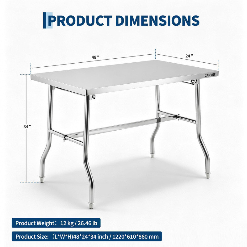 Table de travail pliable en acier inoxydable 48 po x 24 po - Station de préparation portable pour la cuisine, la cuisine extérieure, le camping et le garage