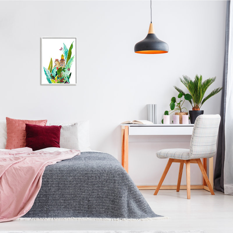 " Tropical Jungle Cats Behind Abstract Pattern Palms Butterfly ", 20" H x 16" W, Coastal White Framed Giclee