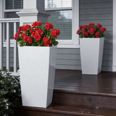 Tall Planters, 30 Inch Large Outdoor Taper Planters for Outdoor Indoor Plants, Front Porch Plastic Modern Flower Pots with Casters, Inner Pot & Drainage Holes for Patio, Garden, White