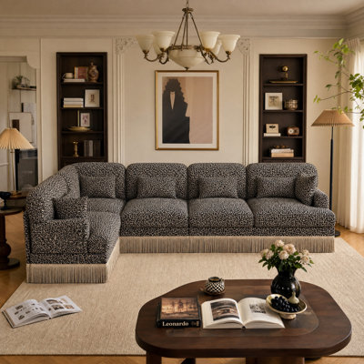 Large Modular Sectional Corner Coucheses with Tassel, 4 Seater Sofa Big Comfy Leopard Chenille L Shaped Couches
