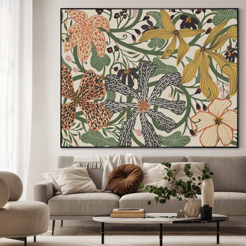 Vibrant coloré, motif floral botanique, illustrations d'art, très grand encadré, impression murale (assemblage requis)