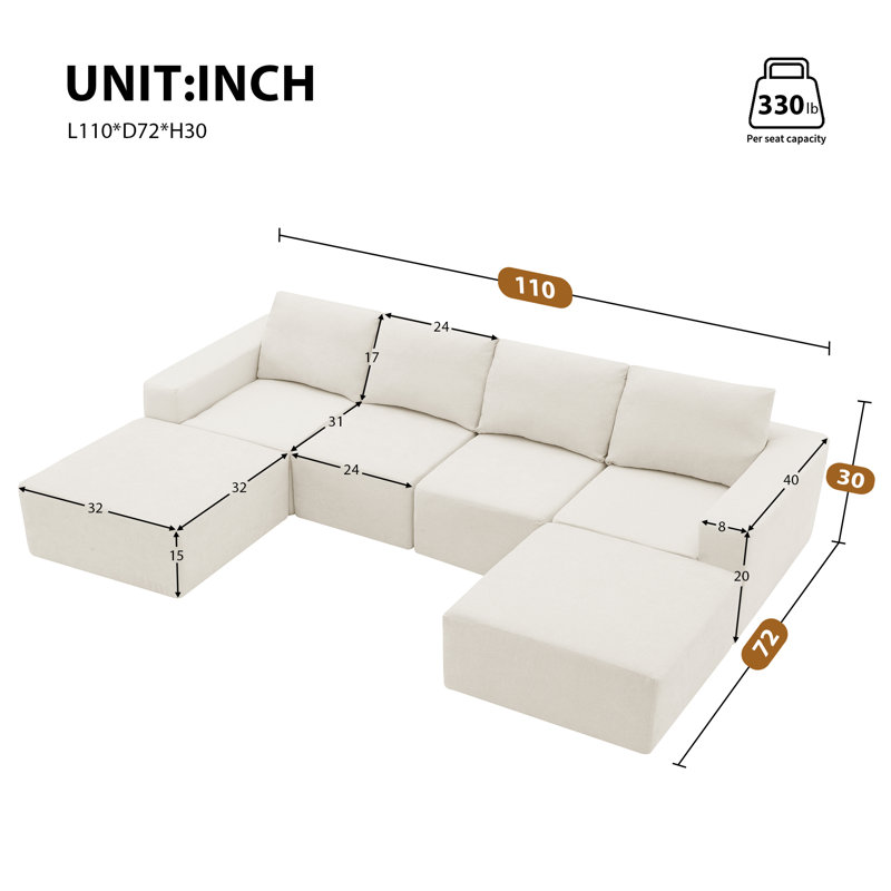 110*72" Modular U Shaped Sectional Sofa with Ottomans, Beige Chenille