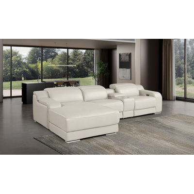 Madera Cream Left-Facing 4-Piece L-Shaped Sectional In Top-Grain Italian Leather With 2 Power Recliners & Adjustable Headrests