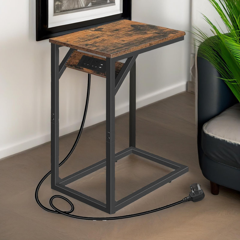 Rustic Industrial Wooden C Shaped Side Table with Built In Power Outlets End Table Home Furniture