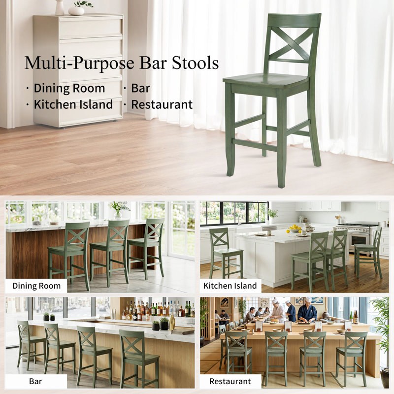 Solid Wood X-Back Counter Height Bar Stool, Green
