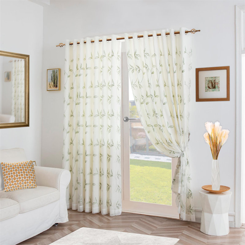 Zapata Leaf Embroidered Voile Ring Top Curtains Pair, 147cm Width x 137cm Drop, Green