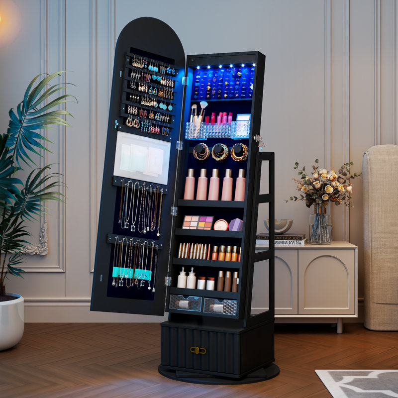 360° Swivel Arched Mirror Jewellery Cabinet, Black