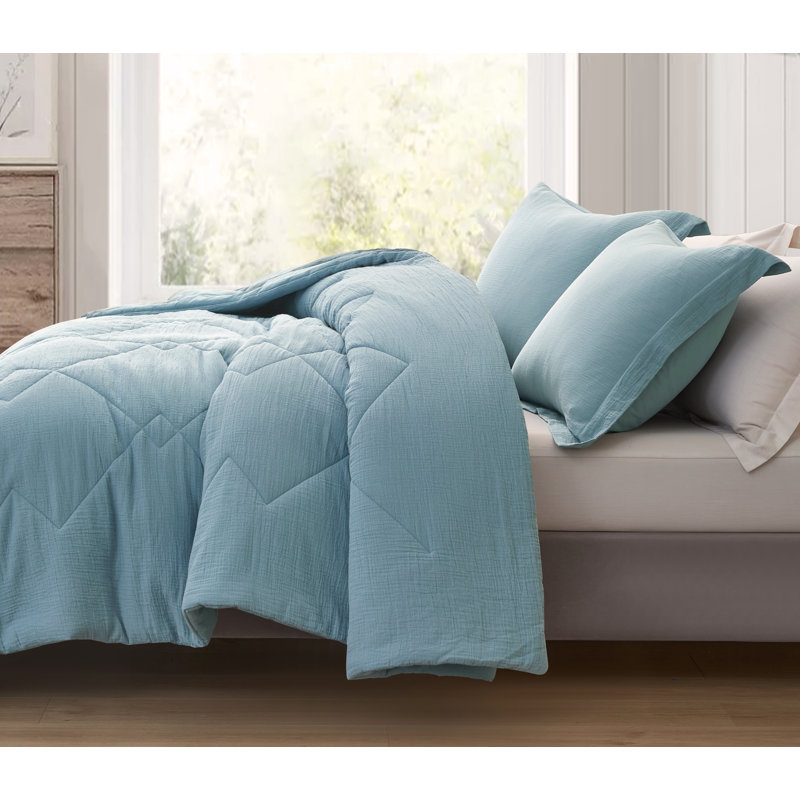 Skye Cotton Gauze Thin Comforter Set, Oversized King Comforter + 2 King Shams, Lake Blue