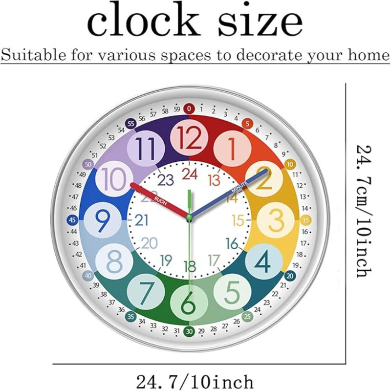 XFM Teaching Clocks For Kids Colorful Small Wall Clock Battery Operated 10 Inch Silent Wall Clock For Bedroom Analog Clock To Teach Kids How To Tell Time