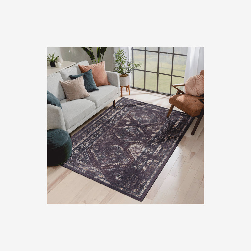 Area Rug 5x8, Washable Rug, Low-Pile, Non-Slip, Non-Shedding, Foldable, Kid & Pet Friendly - Area Rugs for living room, bedroom, kitchen, dining room rug - Wedding Gift, (Black+Burgundy, 5' x 8')