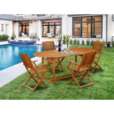 Ensemble 5 pièces de mobilier de bistro de patio comprenant une table ovale d'extérieur en bois d'acacia et 4 chaises pliantes à accoudoirs, 36 po x 78 po, huile naturelle