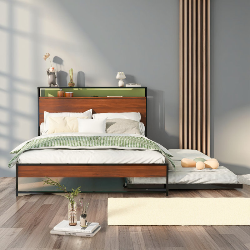 Base de lit moderne en métal avec lit gigogne USB, Brun