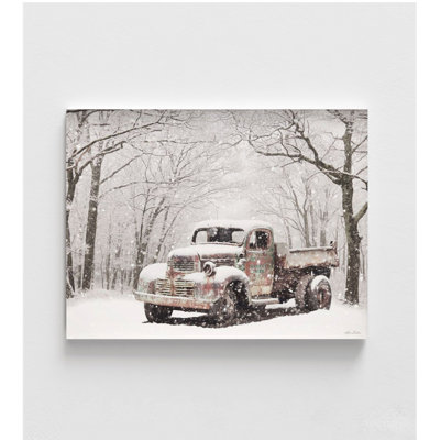 Traditional Christmas Scenery Snowy Winter Forest Artwork, Old American Truck Xmas Forest Over Fireplace Decor Idea Print