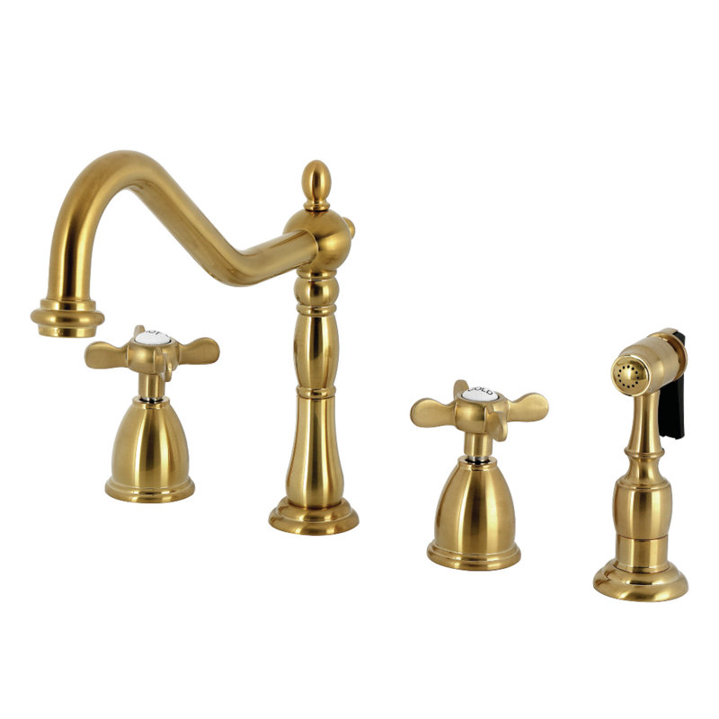 Kingston Brass Essex Double-Handle 4-Hole Widespread Kitchen Faucet With Brass Sprayer, Brushed Brass