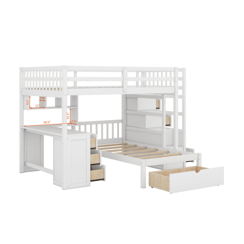 Lit superposé double au-dessus de simple avec tiroirs, bureau et tablettes, Blanc
