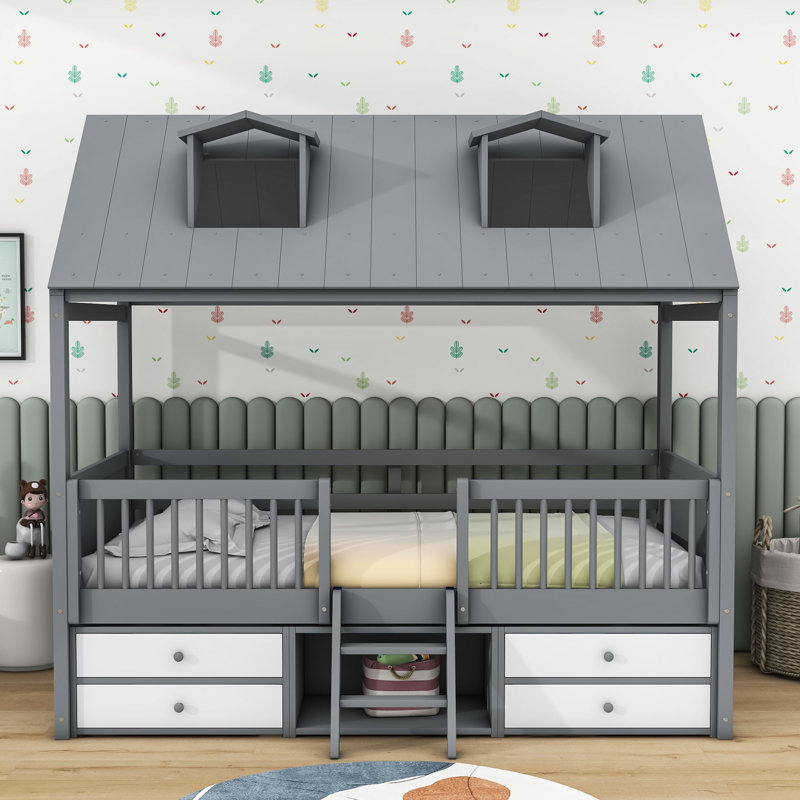 Lit pour enfant avec tiroirs Elderen, Gris, Double