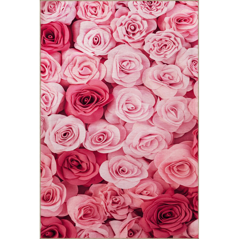 Pink-Red Themed Flower Rose Patterned Creative Modern Decorative Rug, Rectangle 4'11.06" x 7'6.55"