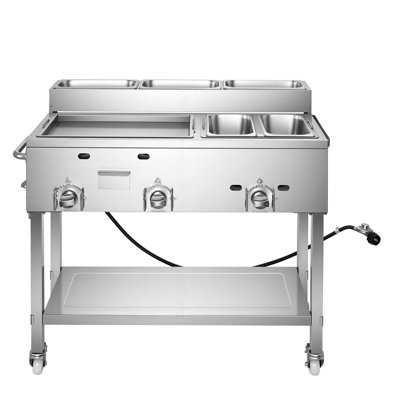 Outdoor Propane Griddle, 3 Burners (11,600 BTU Each), Commercial Stainless Steel Griddle with Two 1/3 Size Food Warming Pans, Portable Cart with 4 Lockable Wheels, for Hot Dogs, Burgers & Meats