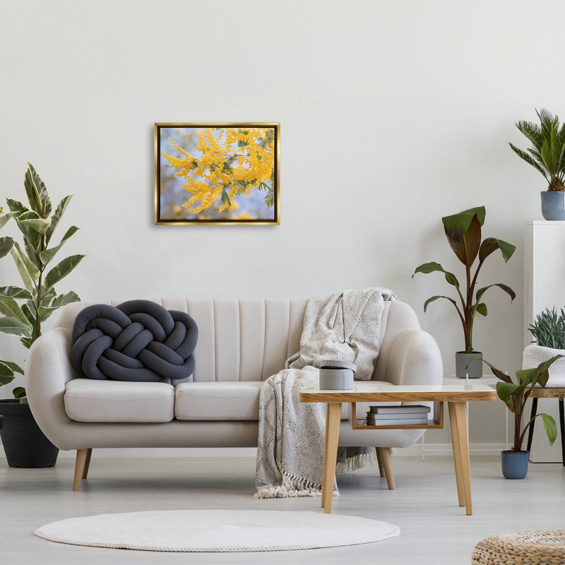 «Mimosa jaune», art encadré sur toile nature par Lil 'Rue, H 17 po x l 21 po x P 1,7 po, Cadre flottant métallique doré