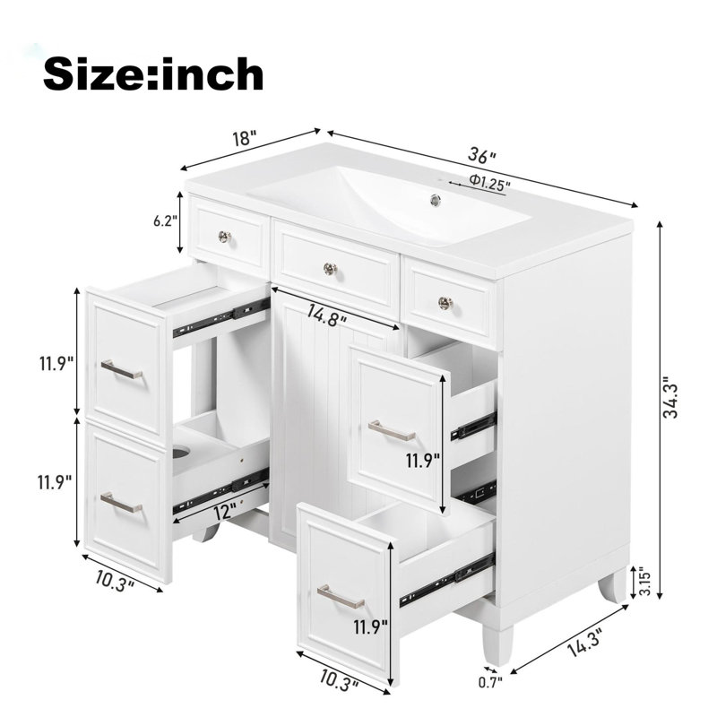 36'' Single Bathroom Vanity with Resin Top, White, Silver