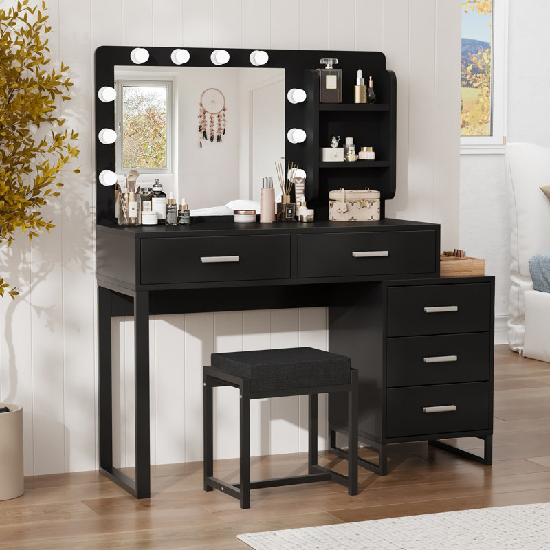 Vanity Set with Mirror and Storage Cabinet,Makeup Vanity for Bedroom,White, Black