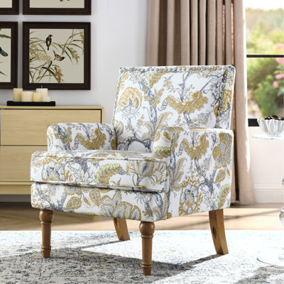 Fauteuil d'appoint, meuble, fauteuil fleuri avec un motif botanique chic et une palette de couleurs chaudes, garniture décorative cloutée, pieds en bois naturel de 23 cm, coussin en mousse haute densité, style contemporain pour la chambre principale