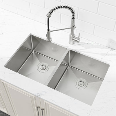33X19 Inch Embedded Double Bowl Undermount Kitchen Sink With Handmade Craftsmanship And Brushed Finish For Modern Kitchens