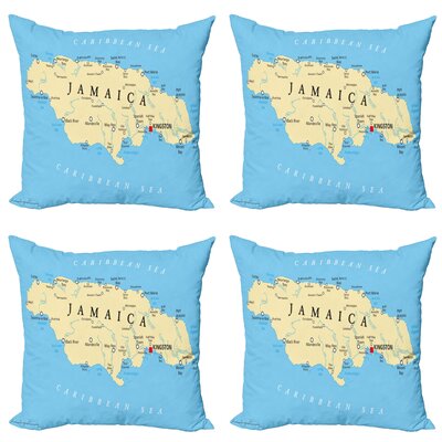 Ambesonne Jamaican Decorative Throw Pillow Case Pack Of 4, Map Of Jamaica Kingston Caribbean Sea Important Locations In Country, Cushion Cover For Cou -  micfour_50779_20x20