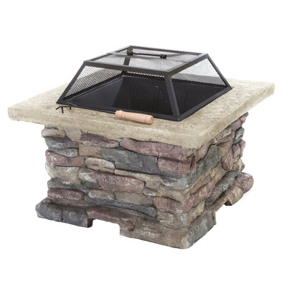 28" MGO Wood Burning Outdoor Fire Pit With Lid - Natural Stone