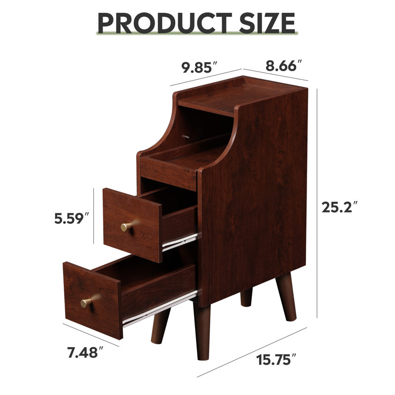 Table d'appoint Arieyonna 64 cm (25,2 po) de hauteur, table de chevet avec tablette ouverte et passe-câbles, table d'appoint étroite pour salon, table de chevet en bois avec 2 tiroirs