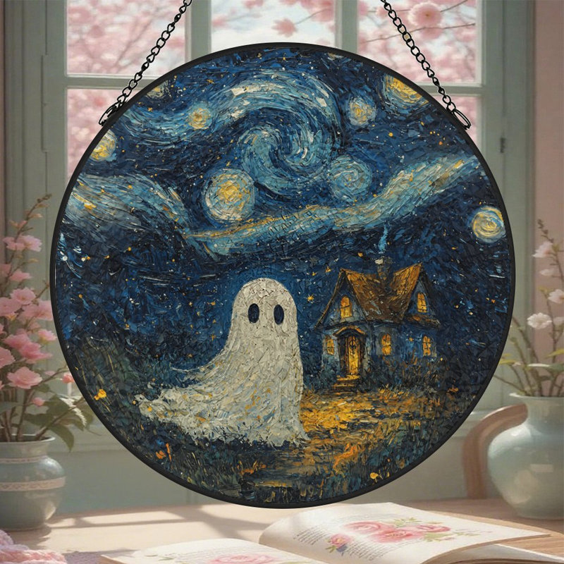 Ghost Near Starry Night House, 3.5x3.5in(9x9cm)