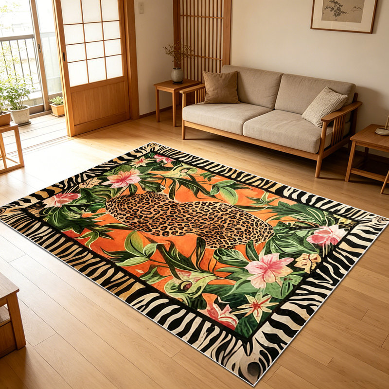 1PC Tropical Leopard Floral Zebra Border area rugs for Living Room, Soft and Comfortable, Suitable for all seasons, easy-to-maintain, machine washable Indoor floor mat, Under Table Farmhouse suitable for dining table, entryway, bedroom, back patio,