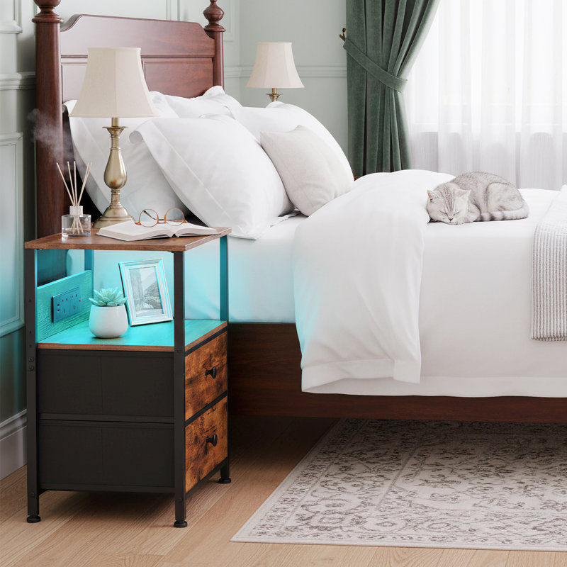 39cm W Night Stand with Charger Station and LED Lights, 2 Drawer Nightstand, Rustic Brown